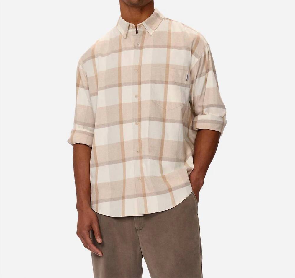 NEW INDUSTRIE bern long sleeve plaid shirt in stone grey